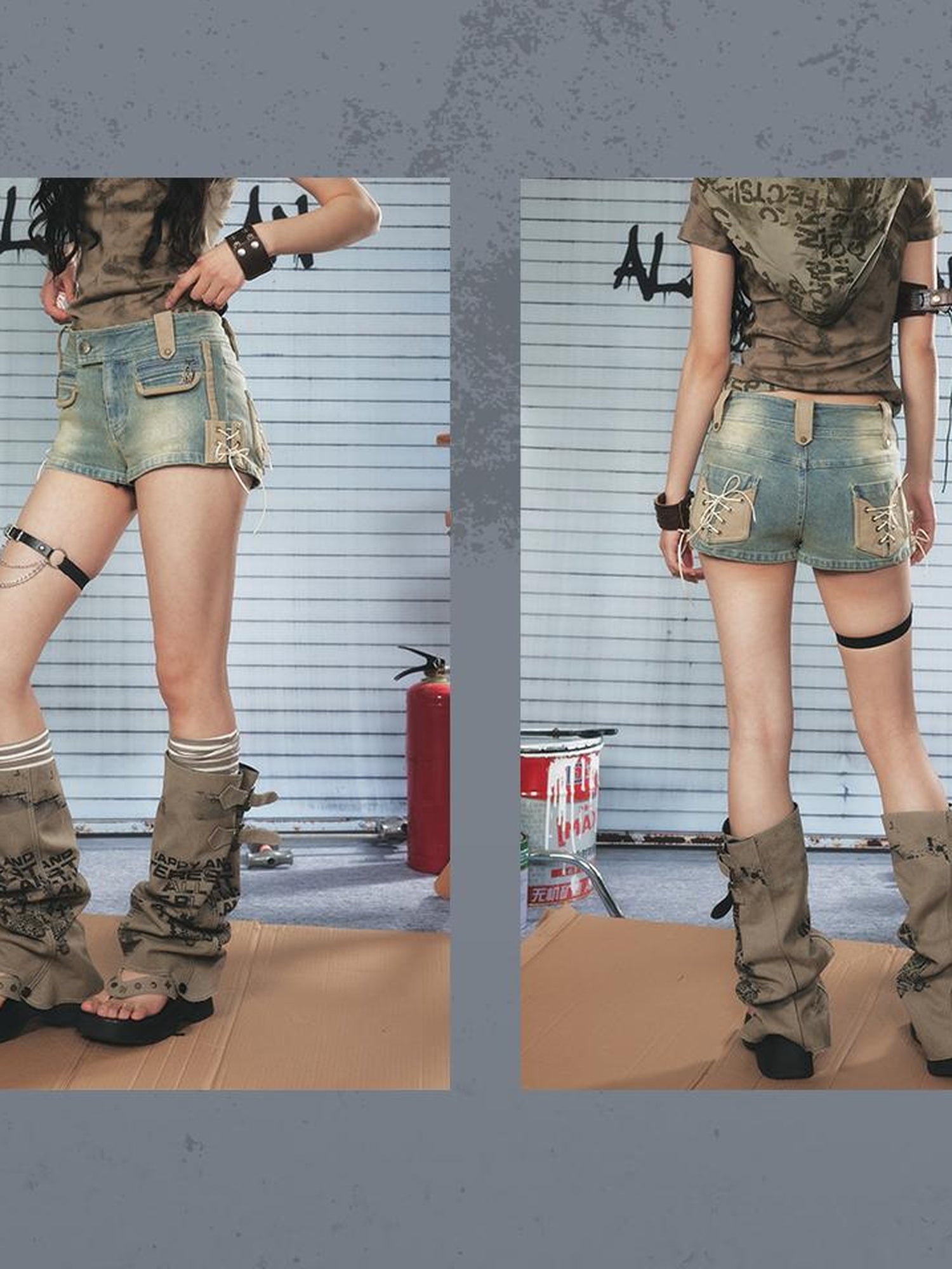 ALL iN plan Vintage Washed Punk Denim Shorts
