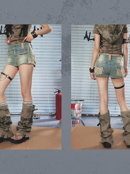 ALL iN plan Vintage Washed Punk Denim Shorts