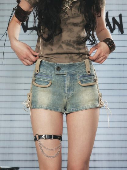 ALL iN plan Vintage Washed Punk Denim Shorts