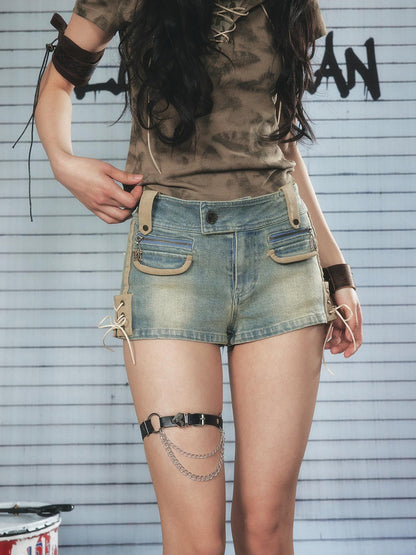 ALL iN plan Vintage Washed Punk Denim Shorts