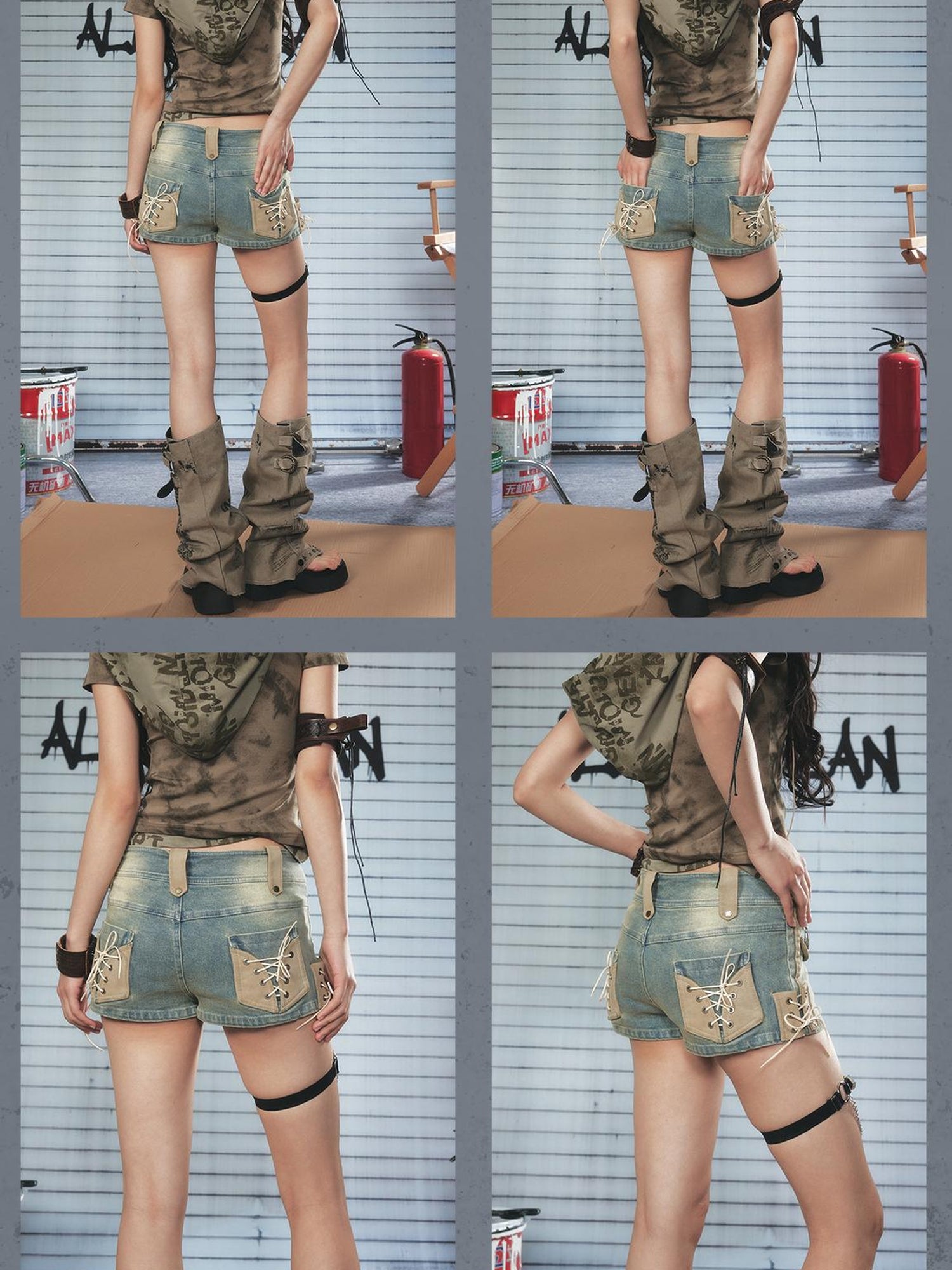 ALL iN plan Vintage Washed Punk Denim Shorts