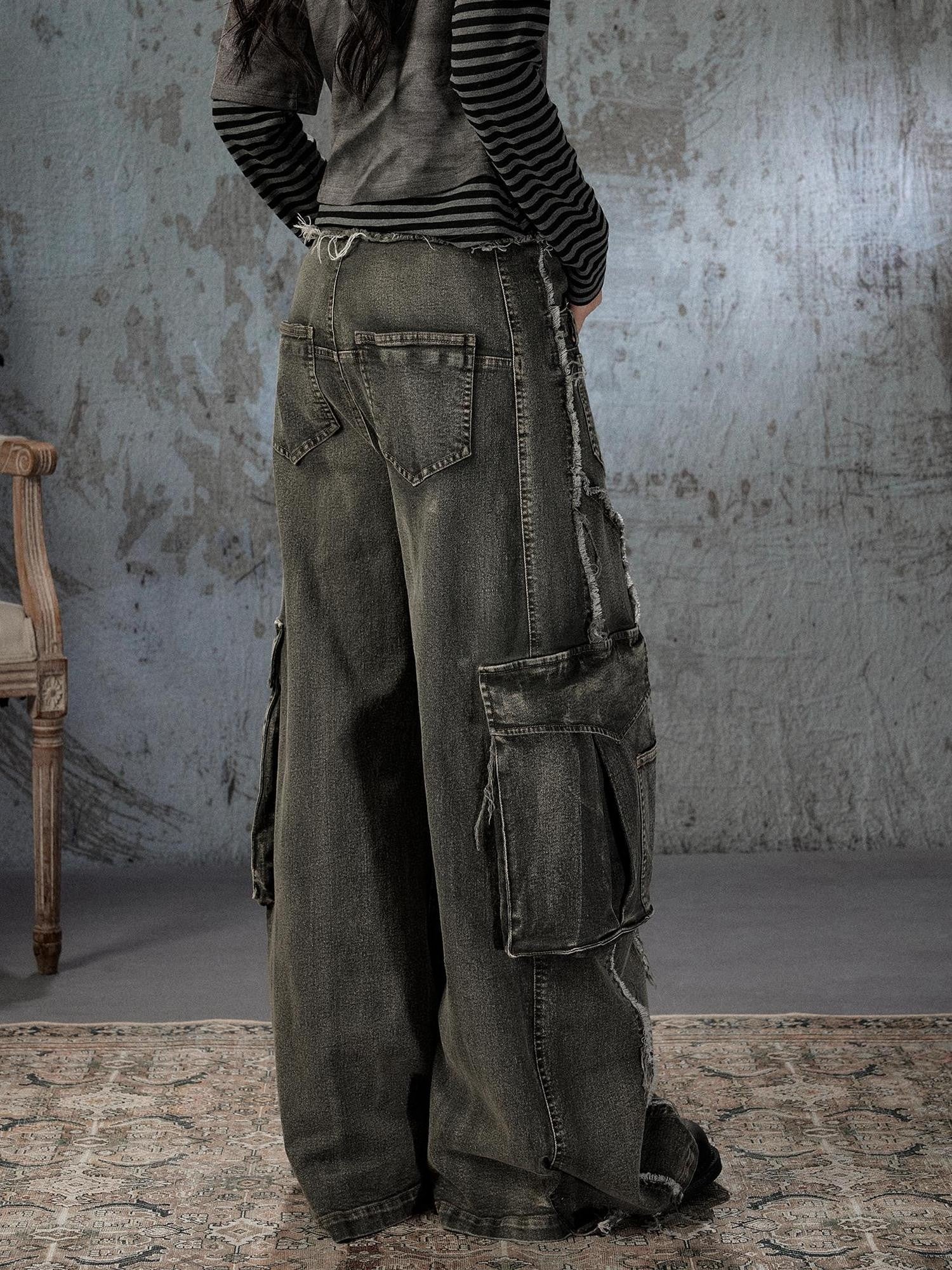 ALL iN plan Washed Vintage High Waist Large Patch Pocket Wide Leg Women&