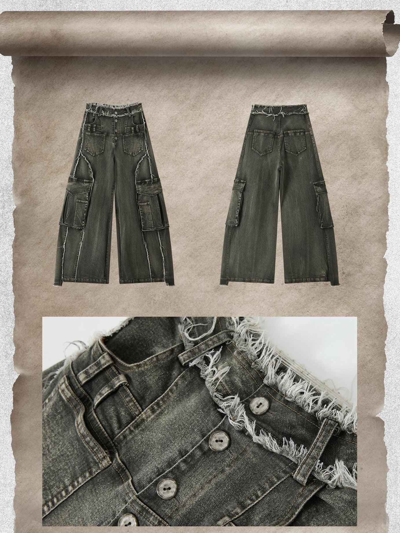 ALL iN plan Washed Vintage High Waist Large Patch Pocket Wide Leg Women&