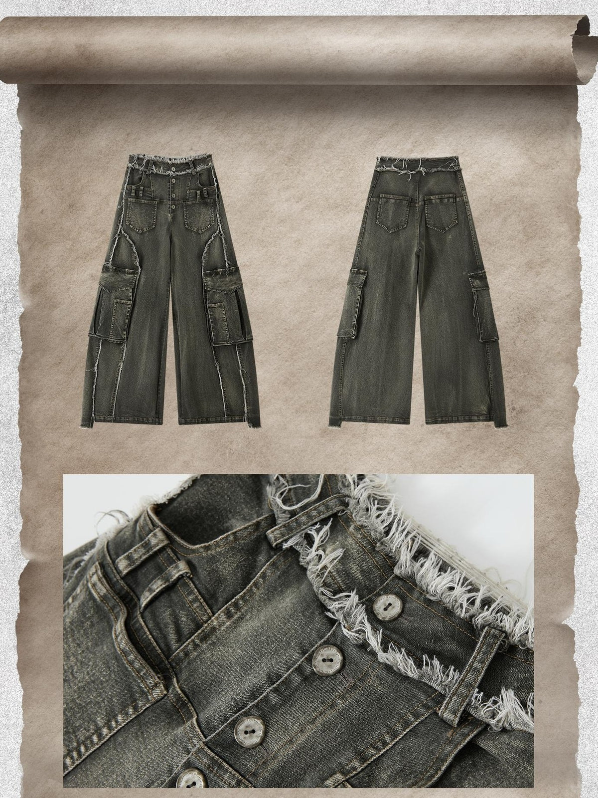 ALL iN plan Washed Vintage High Waist Large Patch Pocket Wide Leg Women&