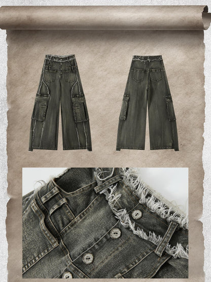 ALL iN plan Washed Vintage High Waist Large Patch Pocket Wide Leg Women&