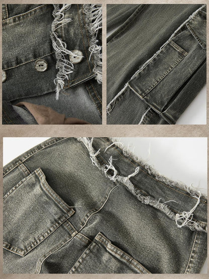 ALL iN plan Washed Vintage High Waist Large Patch Pocket Wide Leg Women&
