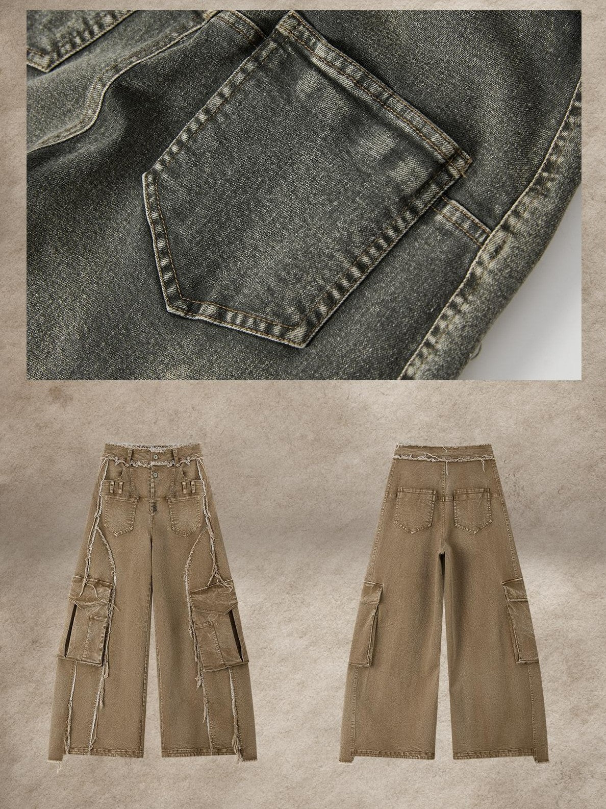 ALL iN plan Washed Vintage High Waist Large Patch Pocket Wide Leg Women&