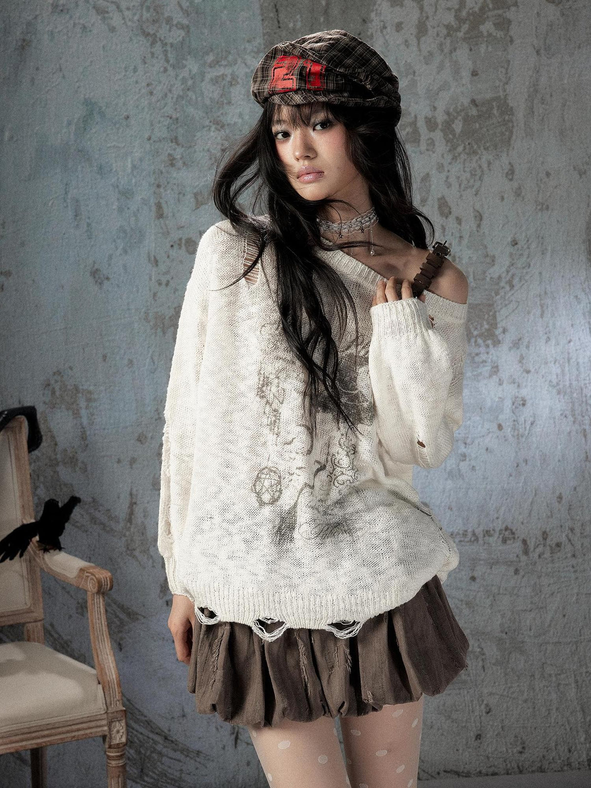ALL iN plan White Distressed Asymmetric Women&