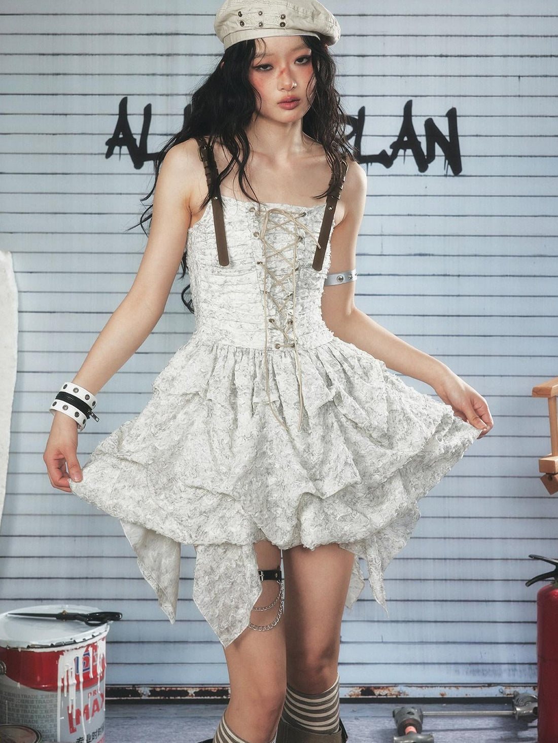 ALL iN plan White Lace Leather Straps Sculpted Bubble Women&