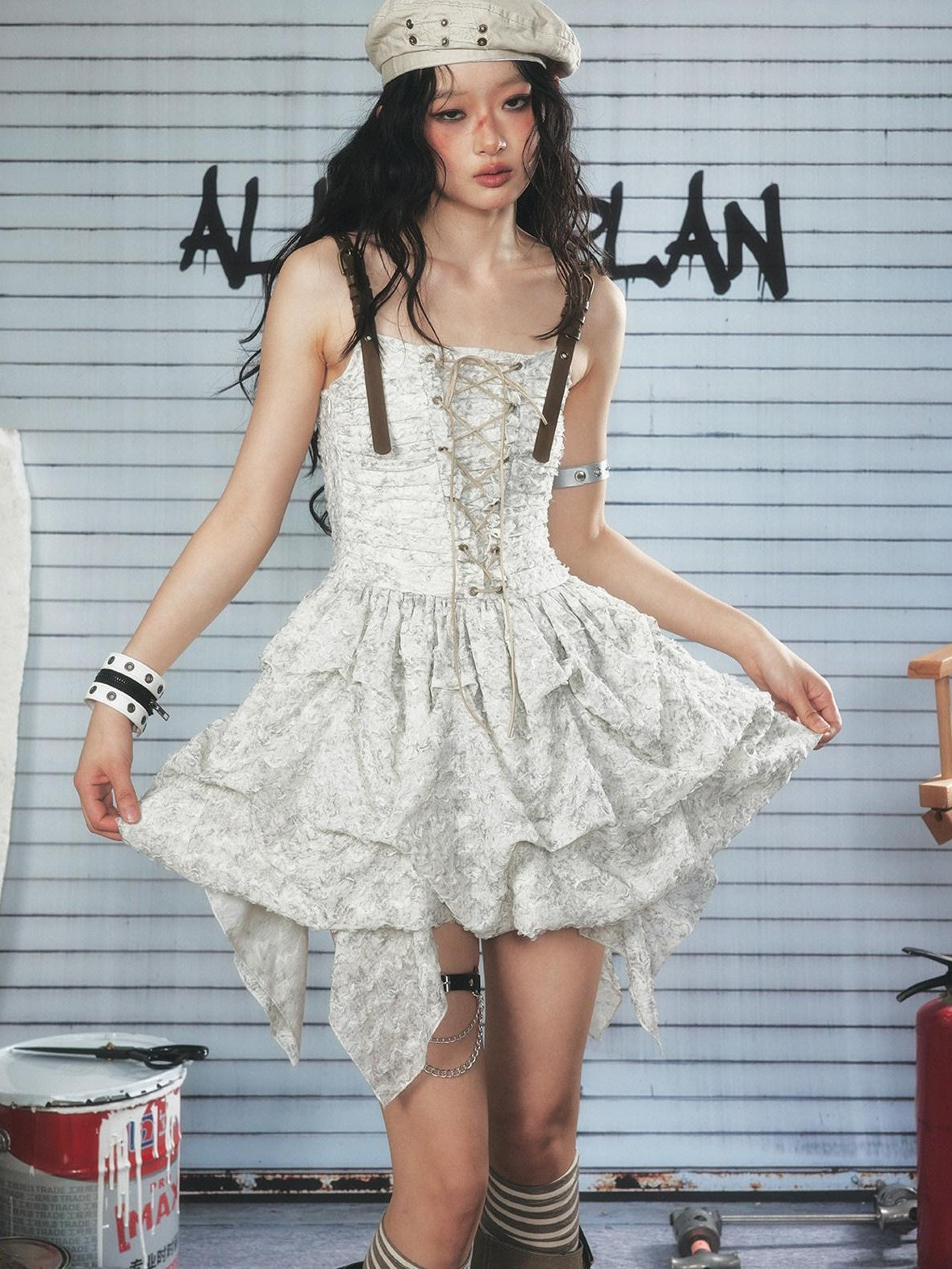 ALL iN plan White Lace Leather Straps Sculpted Bubble Women&