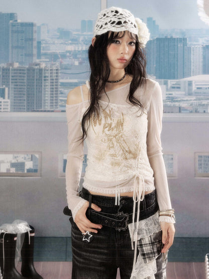 ALL iN plan Windproof Drawstring Patchwork Slim Fit Off White Print Long Sleeve T-Shirts
