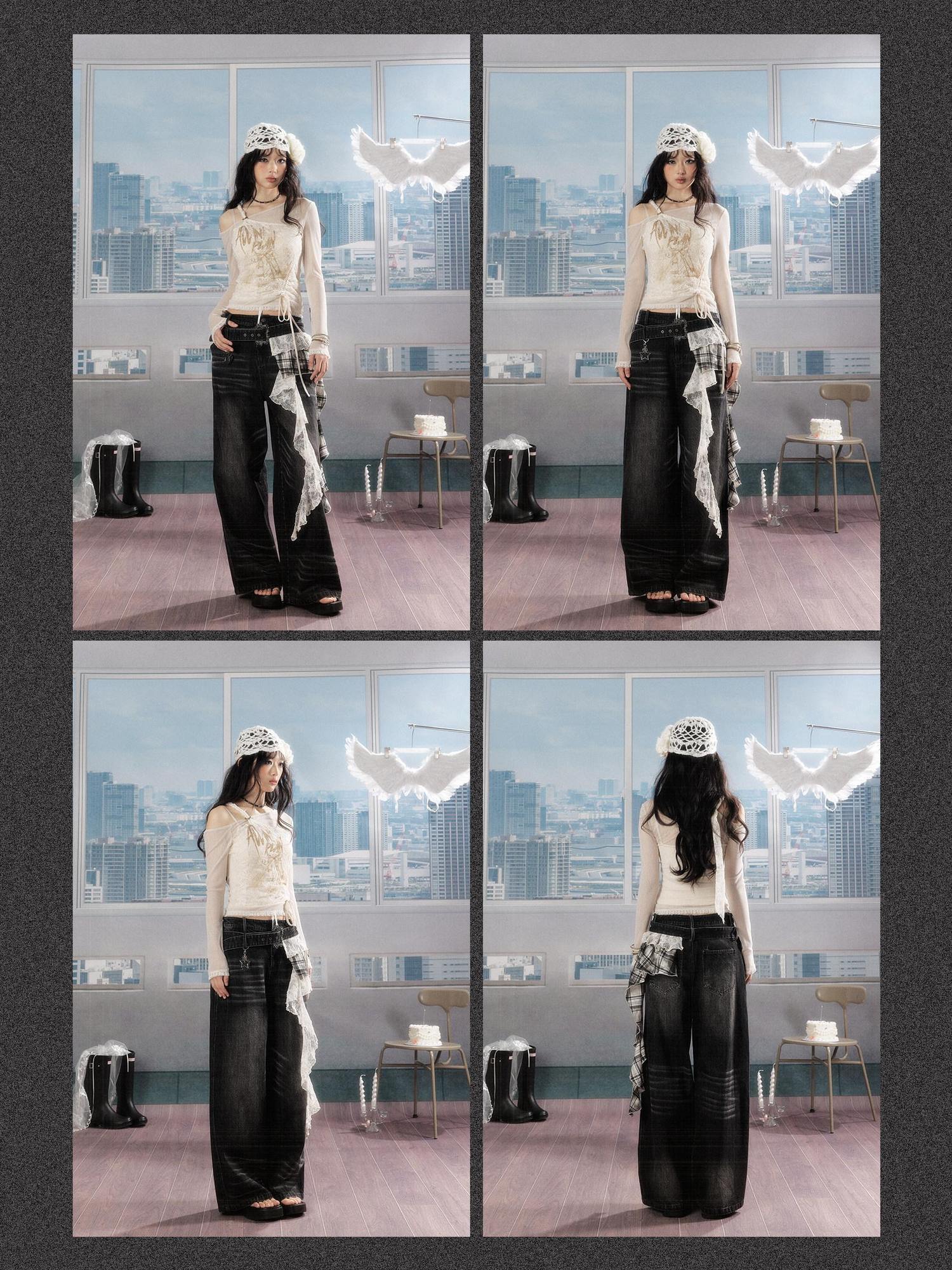 ALL iN plan Windproof Drawstring Patchwork Slim Fit Off White Print Long Sleeve T-Shirts
