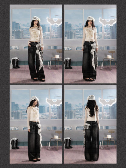 ALL iN plan Windproof Drawstring Patchwork Slim Fit Off White Print Long Sleeve T-Shirts