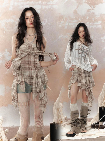 Y2K Asymmetrical Ruffle Fringe Plaid Bustier Top