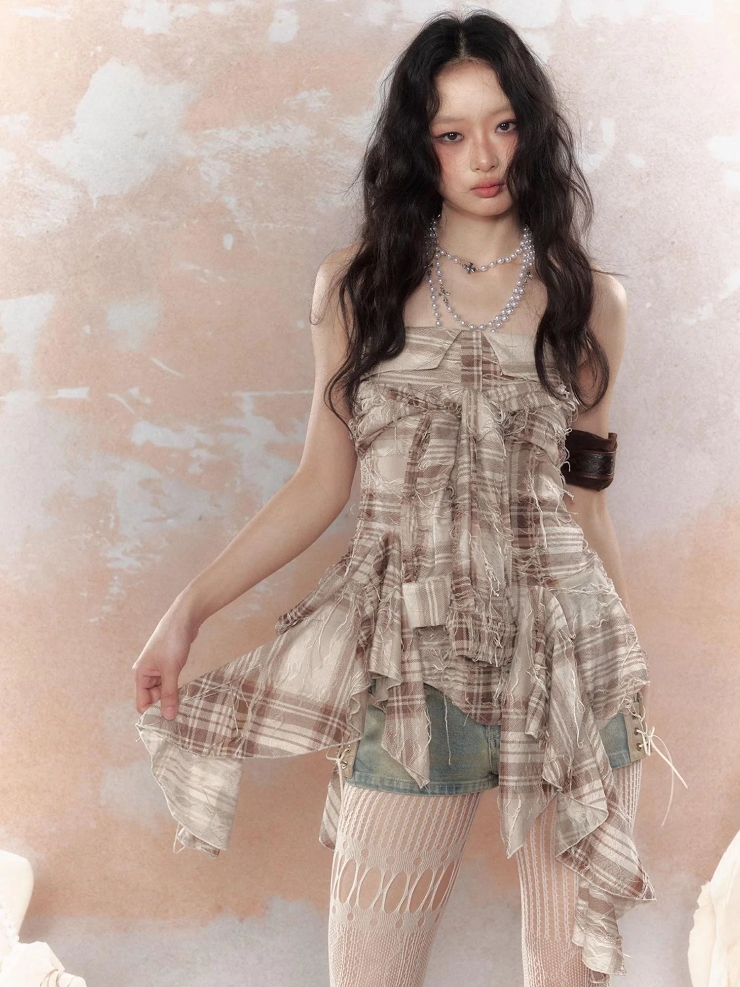 Y2K Asymmetrical Ruffle Fringe Plaid Bustier Top