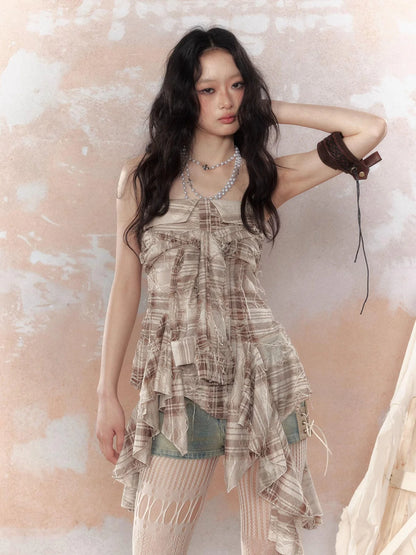 Y2K Asymmetrical Ruffle Fringe Plaid Bustier Top
