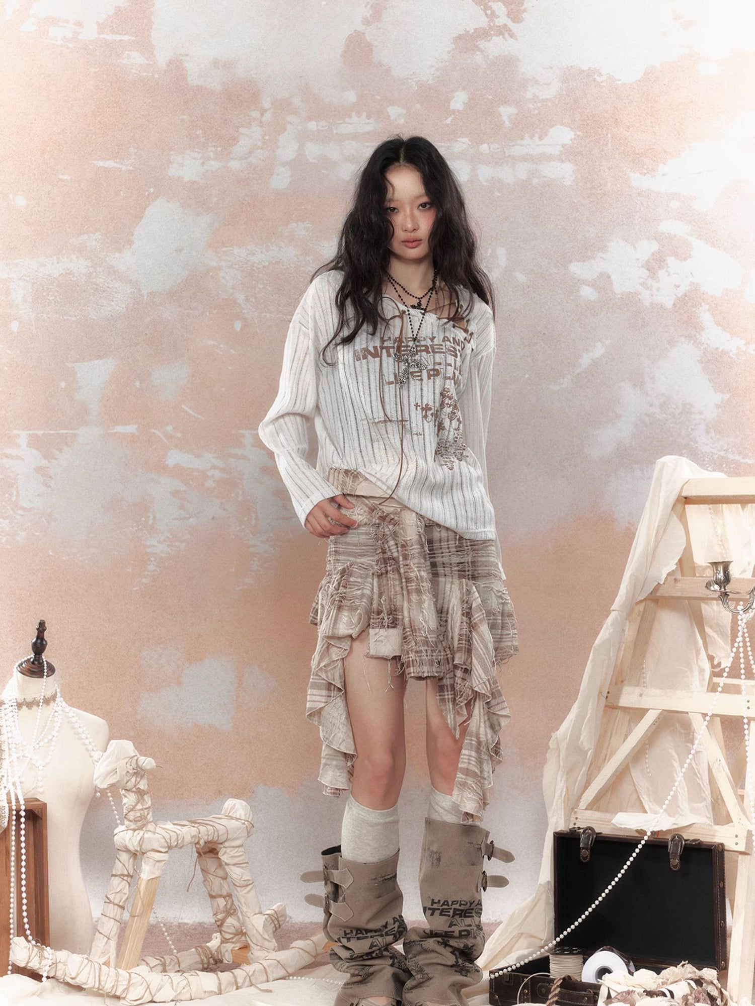 ALL iN plan Y2K Asymmetrical Ruffle Fringe Plaid Bustier Top