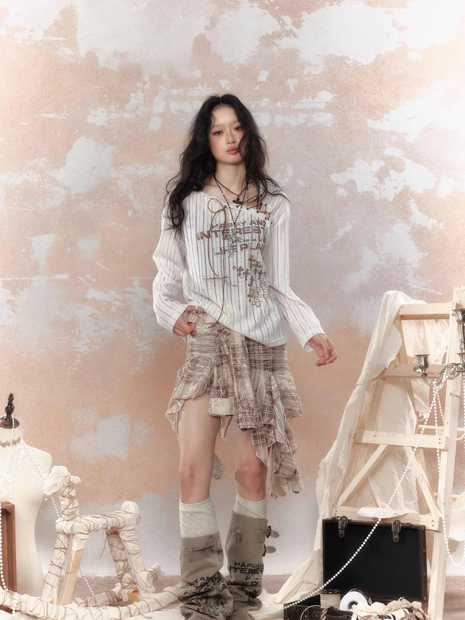 Y2K Asymmetrical Ruffle Fringe Plaid Bustier Top