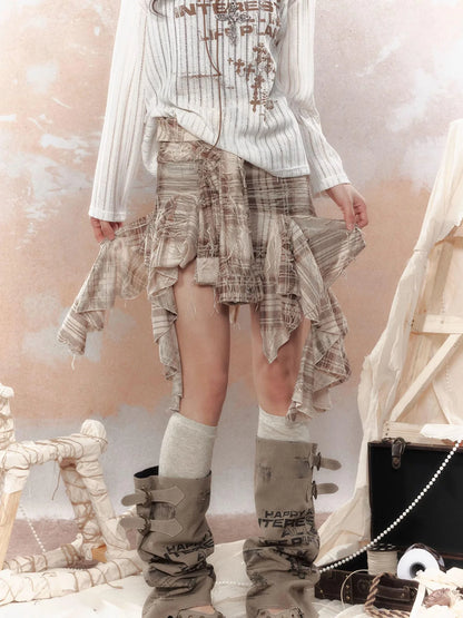 Y2K Asymmetrical Ruffle Fringe Plaid Bustier Top