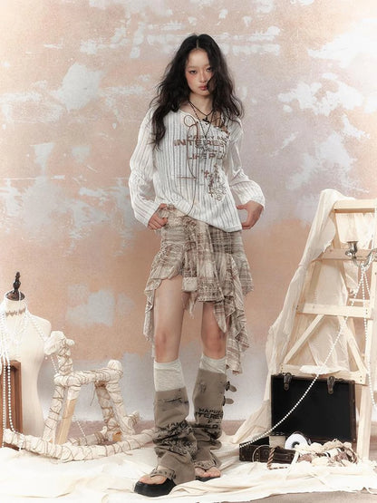 Y2K Asymmetrical Ruffle Fringe Plaid Bustier Top