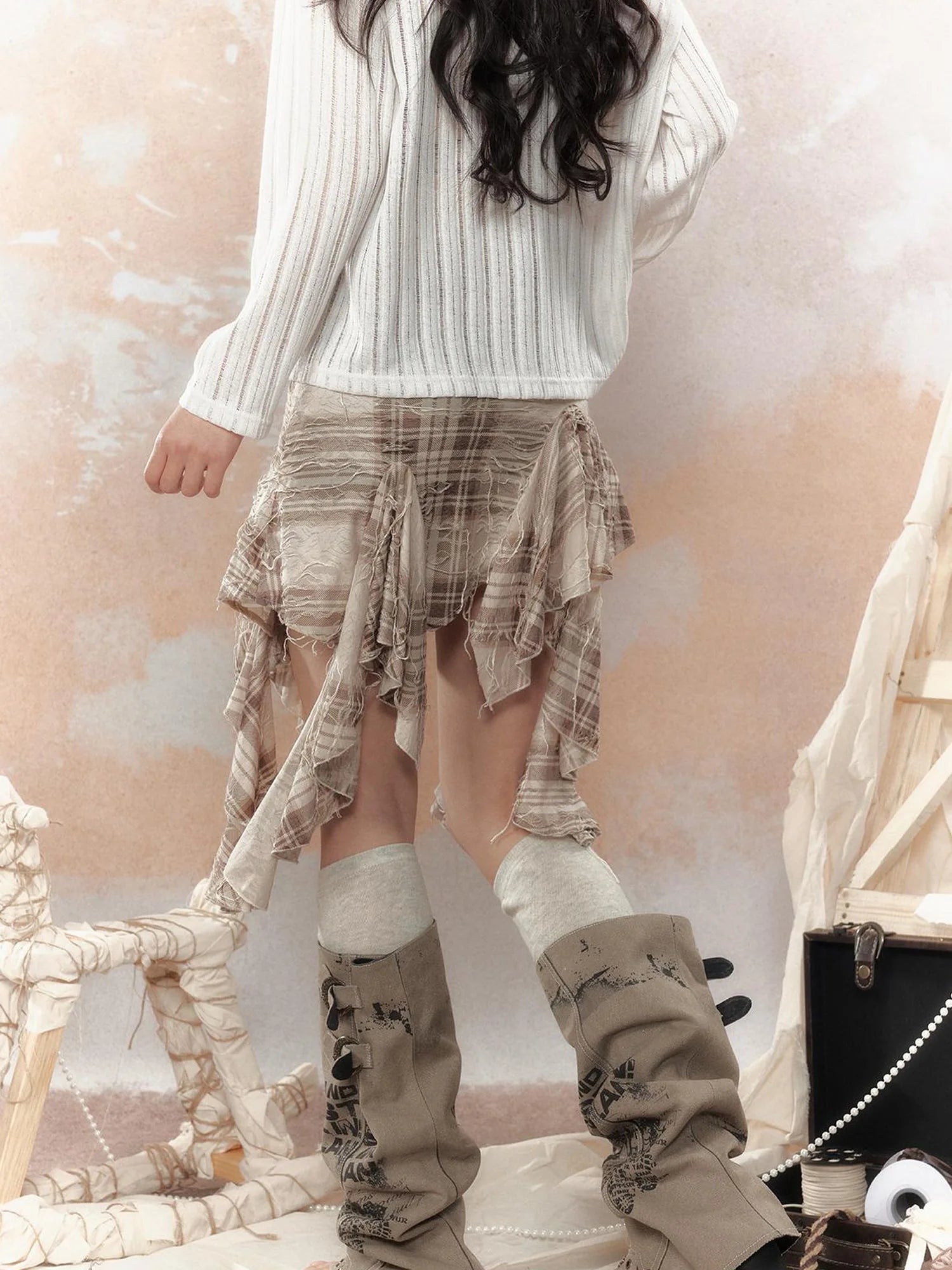 Y2K Asymmetrical Ruffle Fringe Plaid Bustier Top