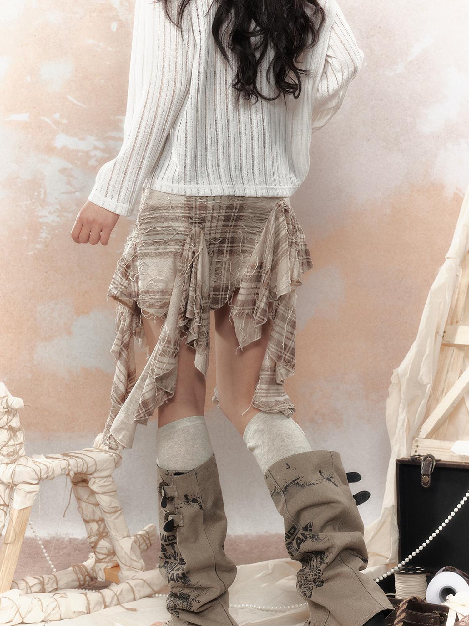ALL iN plan Y2K Asymmetrical Ruffle Fringe Plaid Bustier Top