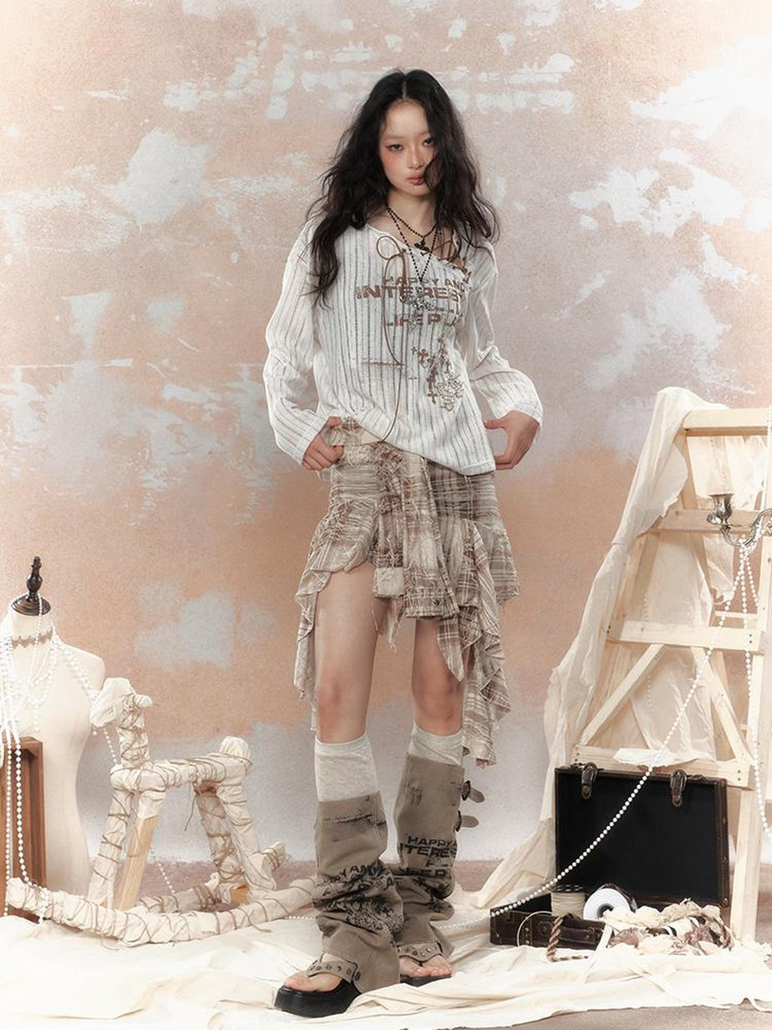 ALL iN plan Y2K Asymmetrical Ruffle Fringe Plaid Bustier Top