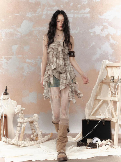 Y2K Asymmetrical Ruffle Fringe Plaid Bustier Top
