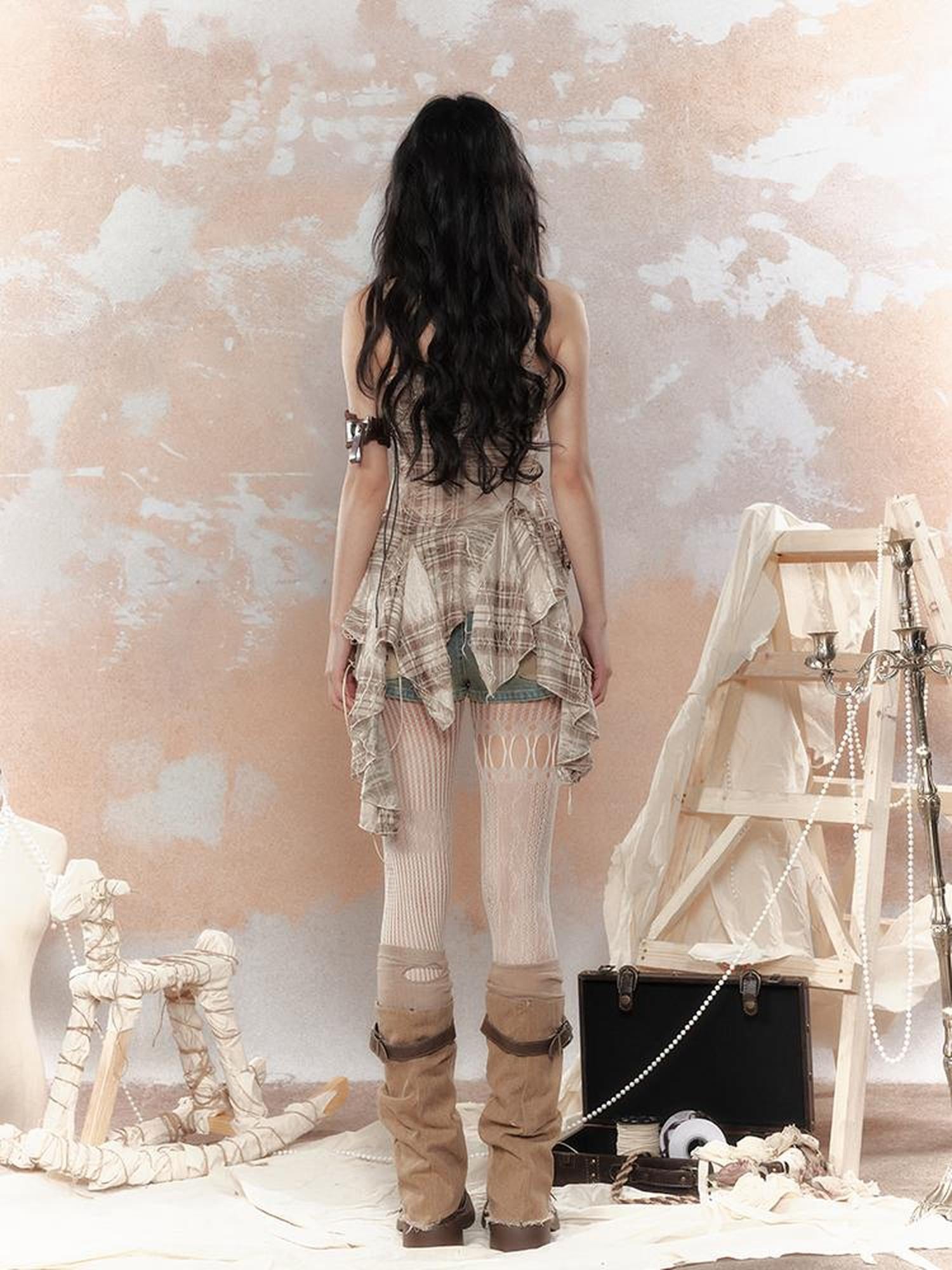 ALL iN plan Y2K Asymmetrical Ruffle Fringe Plaid Bustier Top