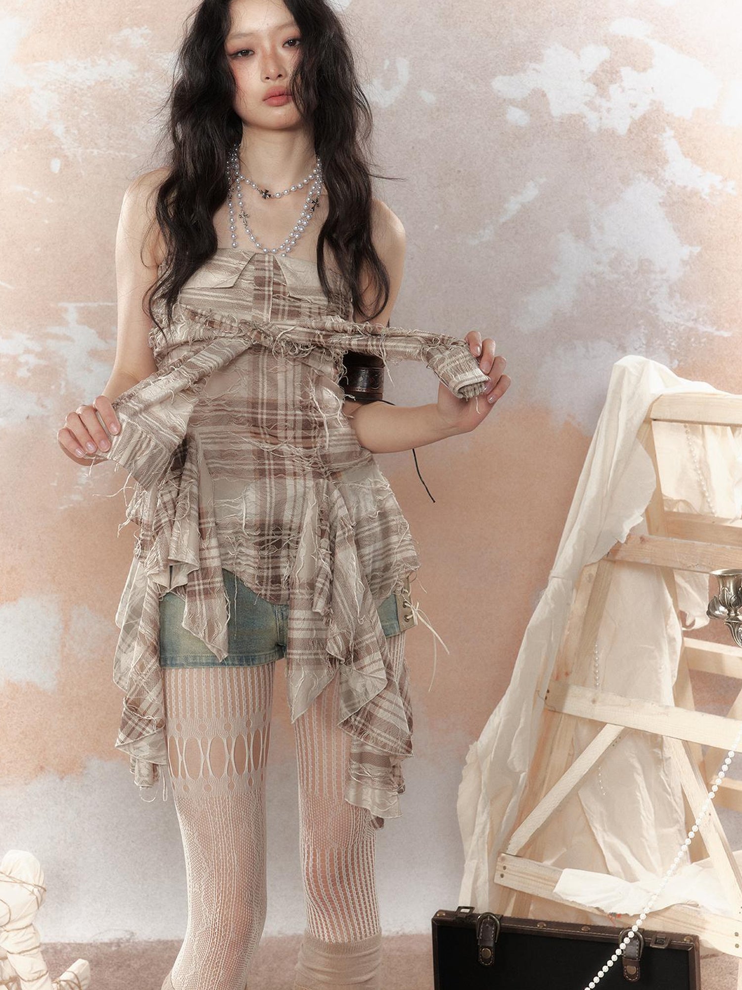 ALL iN plan Y2K Asymmetrical Ruffle Fringe Plaid Bustier Top