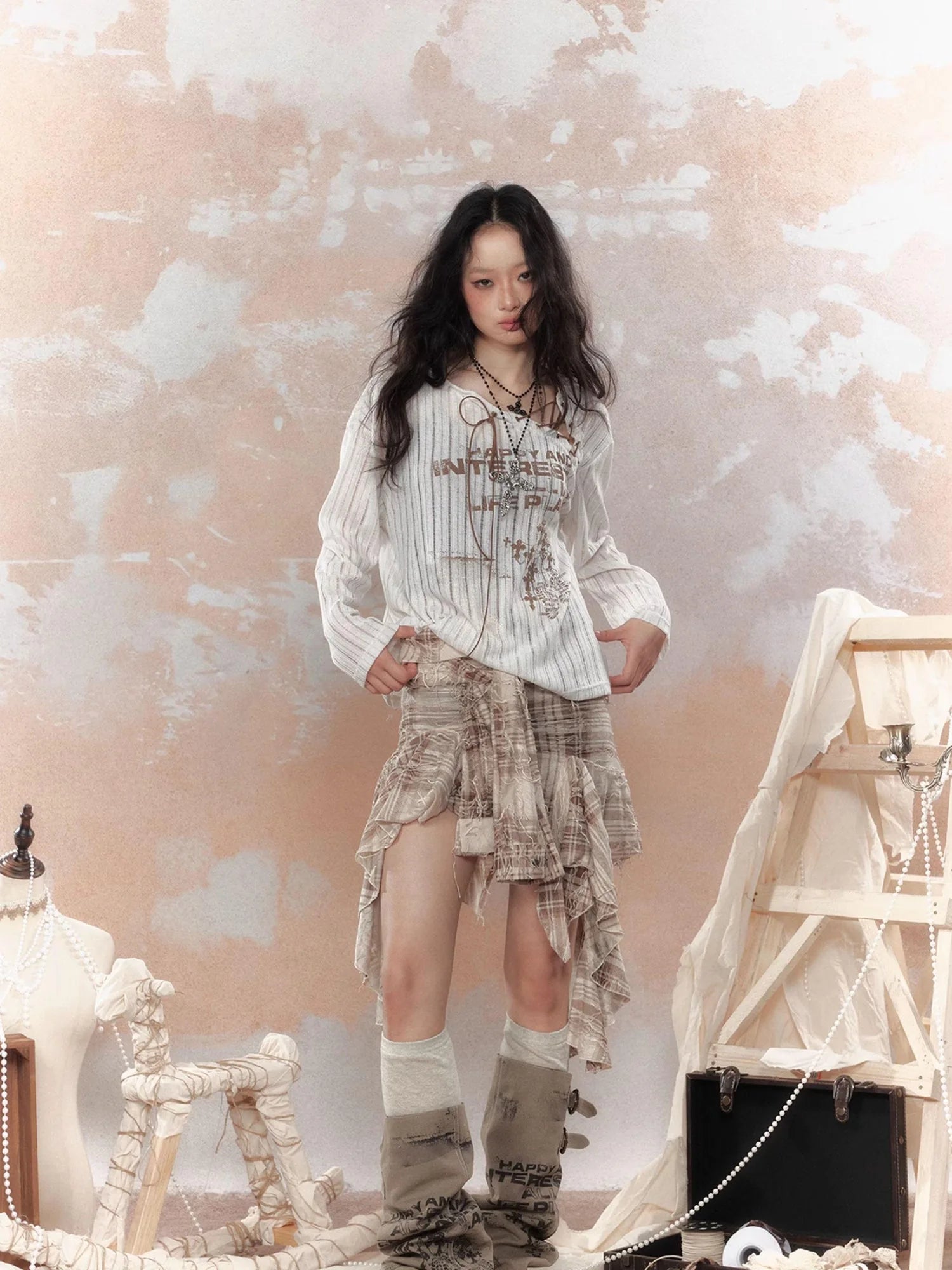 Y2K Asymmetrical Ruffle Fringe Plaid Bustier Top