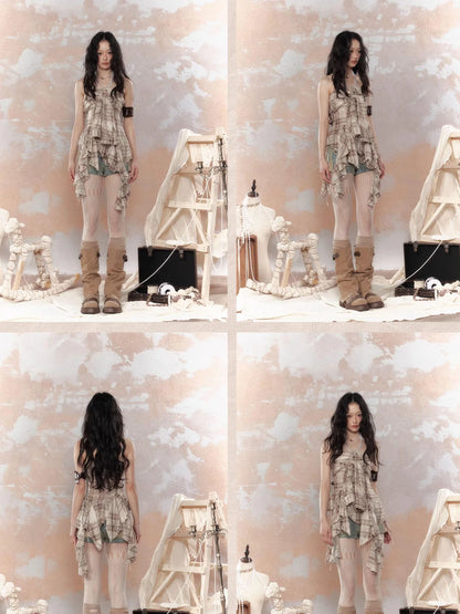 Y2K Asymmetrical Ruffle Fringe Plaid Bustier Top