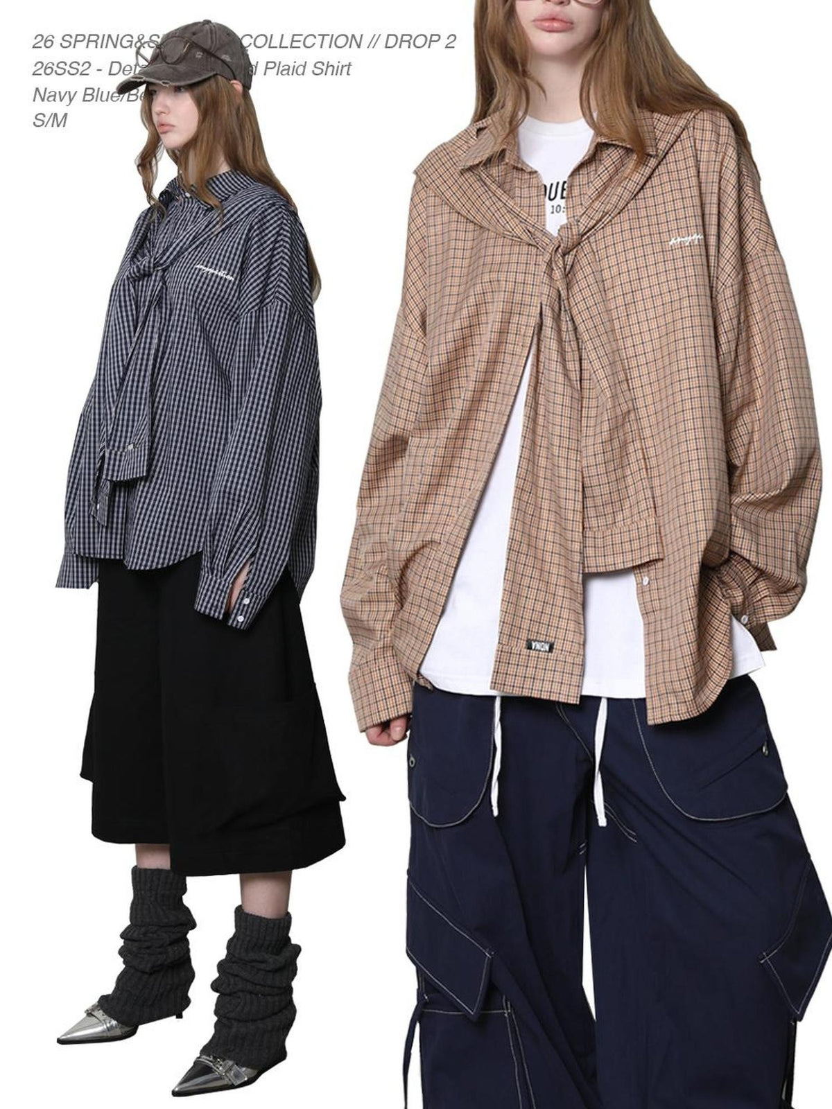 Beige And Navy Detachable Hood Plaid Longsleeve Women&