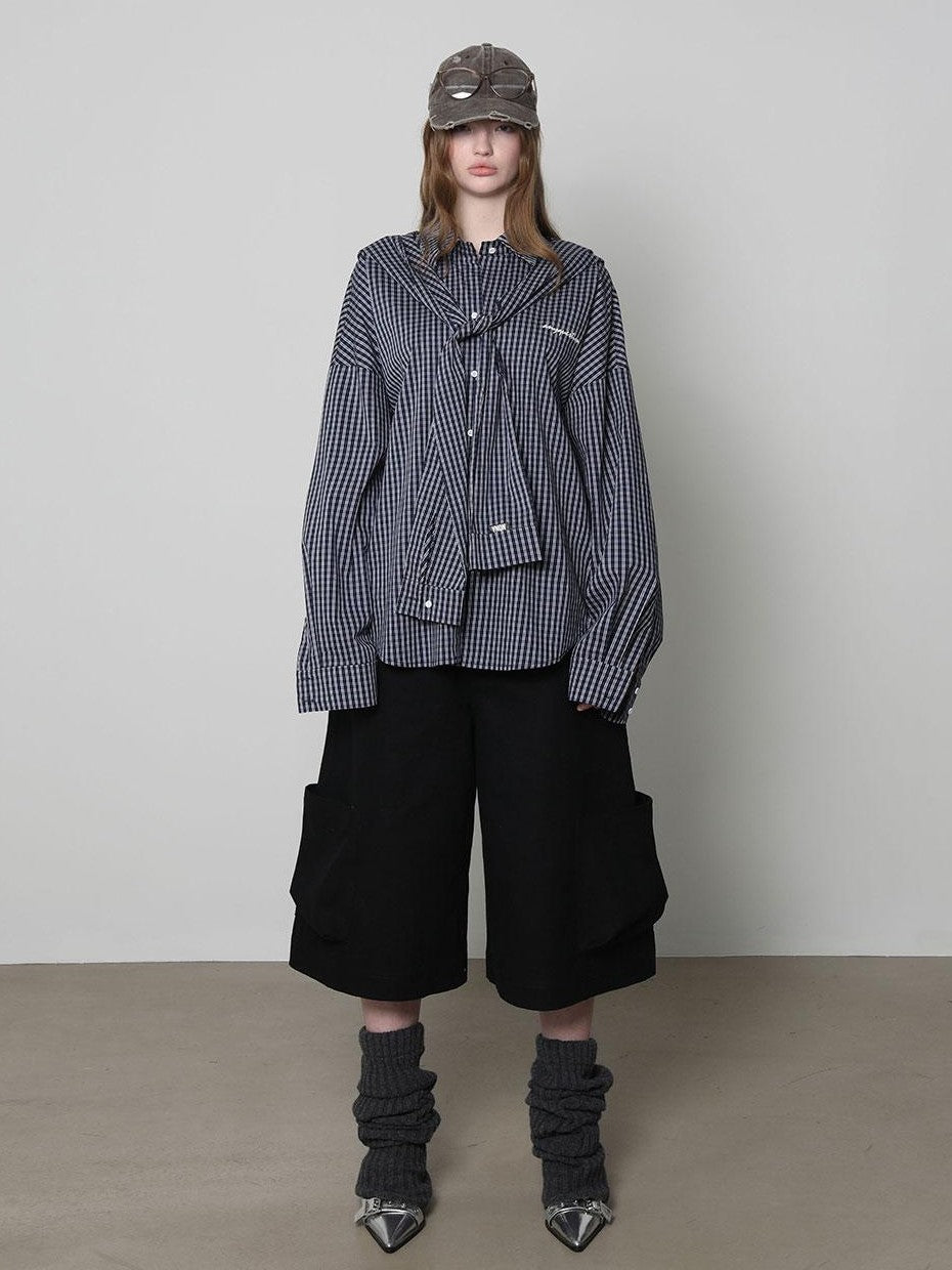 Beige And Navy Detachable Hood Plaid Longsleeve Women&