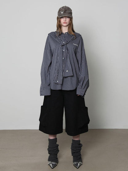 Beige And Navy Detachable Hood Plaid Longsleeve Women&