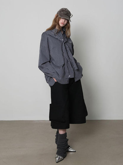 Beige And Navy Detachable Hood Plaid Longsleeve Women&