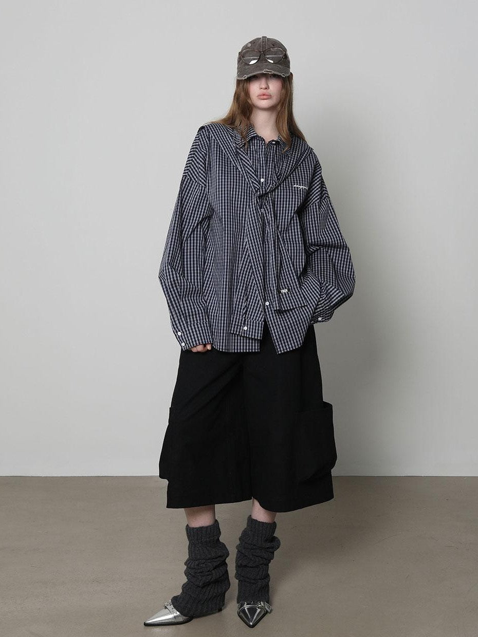 Beige And Navy Detachable Hood Plaid Longsleeve Women&