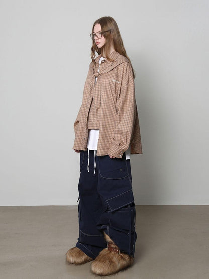 Beige And Navy Detachable Hood Plaid Longsleeve Women&