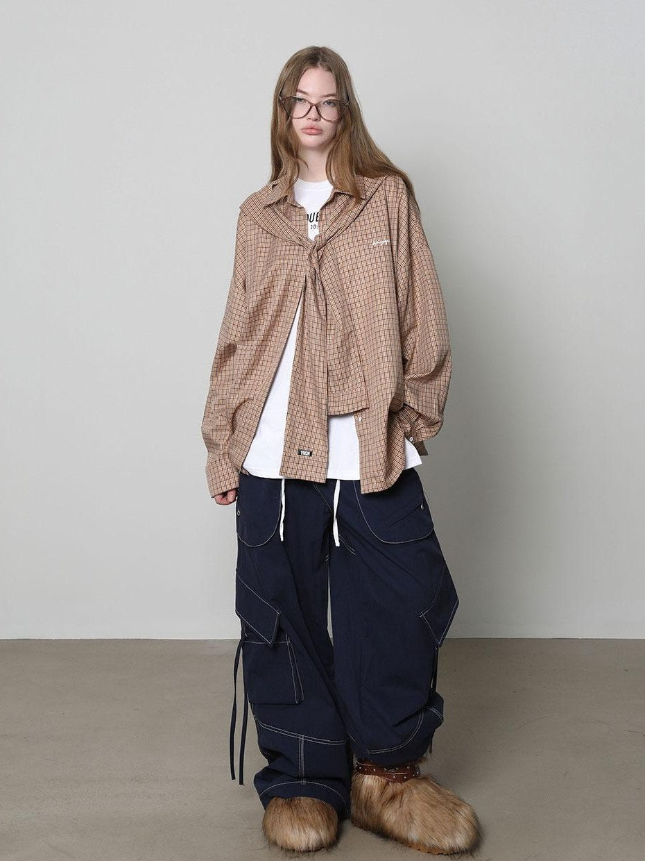 Beige And Navy Detachable Hood Plaid Longsleeve Women&