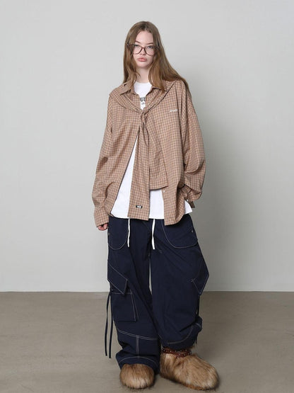 Beige And Navy Detachable Hood Plaid Longsleeve Women&