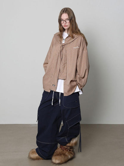 Beige And Navy Detachable Hood Plaid Longsleeve Women&