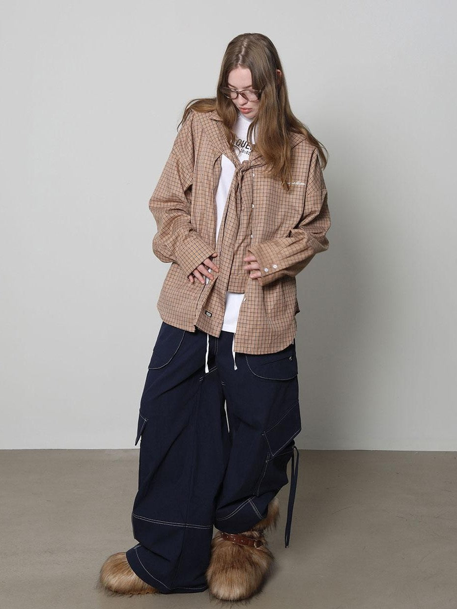 Beige And Navy Detachable Hood Plaid Longsleeve Women&
