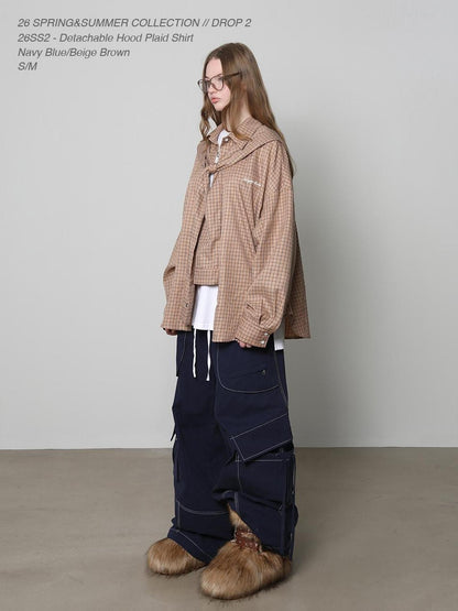 Beige And Navy Detachable Hood Plaid Longsleeve Women&