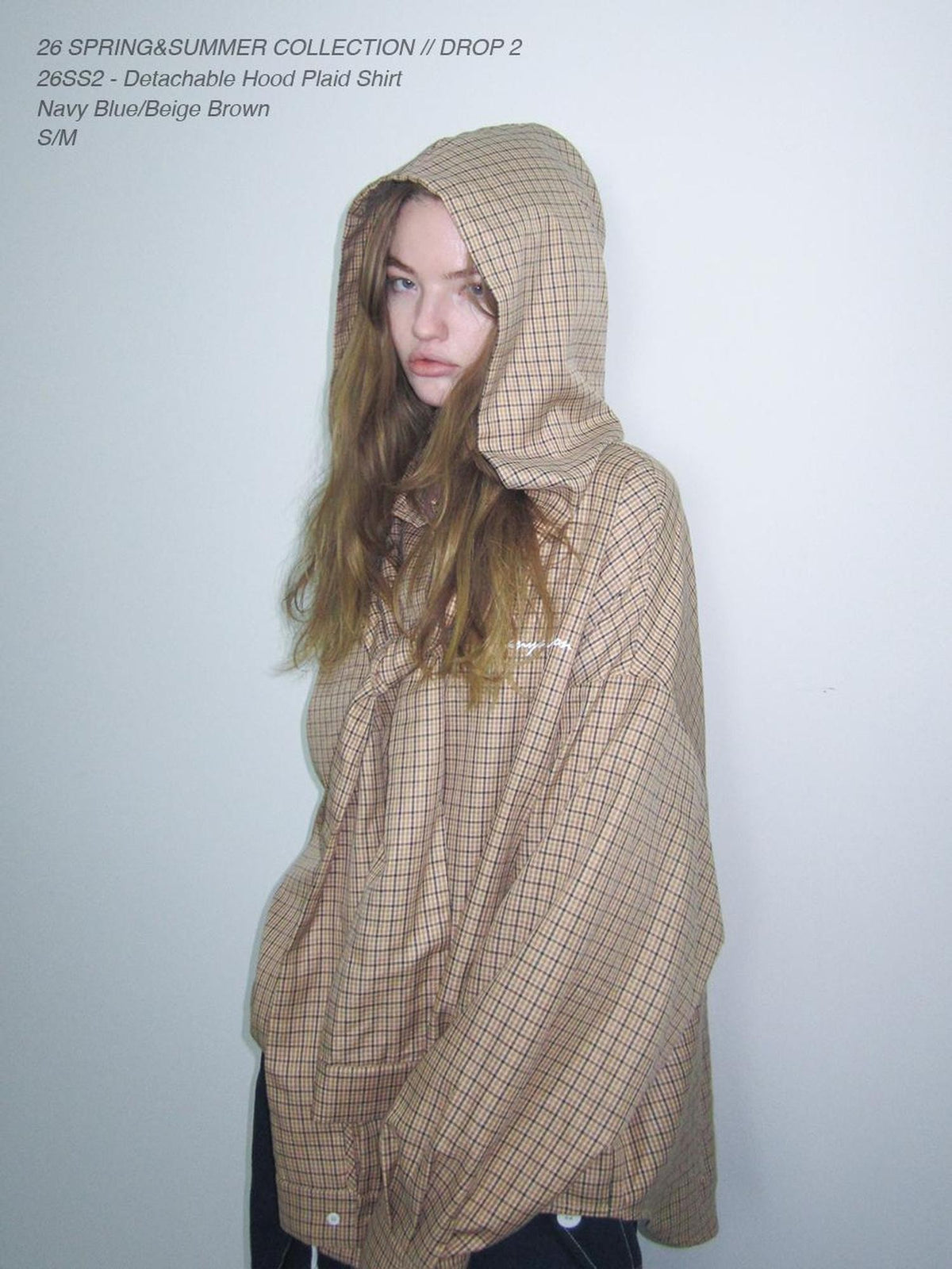 Beige And Navy Detachable Hood Plaid Longsleeve Women&