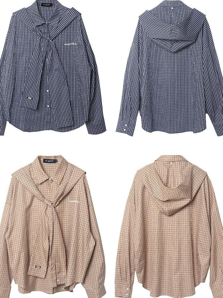 Beige And Navy Detachable Hood Plaid Longsleeve Women&
