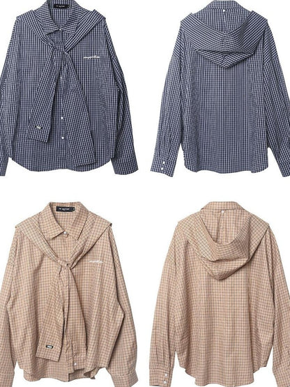 Beige And Navy Detachable Hood Plaid Longsleeve Women&