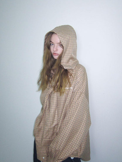Beige And Navy Detachable Hood Plaid Longsleeve Women&