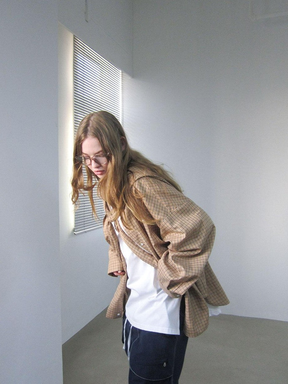 Beige And Navy Detachable Hood Plaid Longsleeve Women&