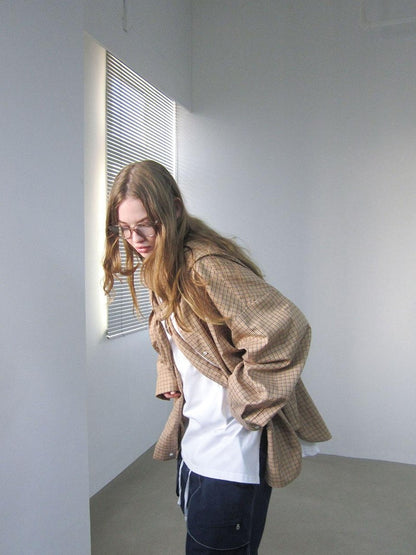 Beige And Navy Detachable Hood Plaid Longsleeve Women&