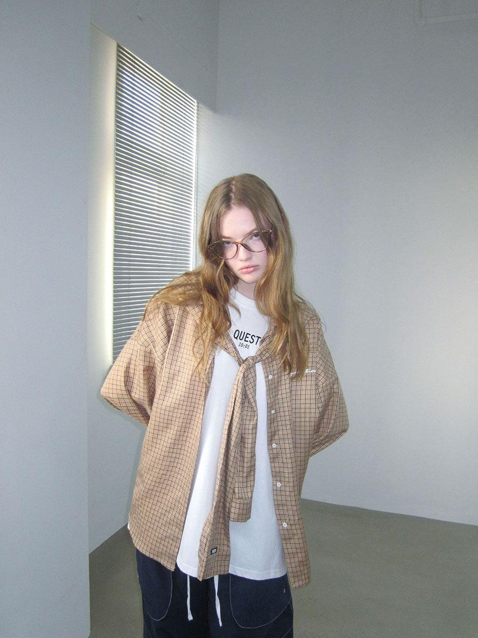 Beige And Navy Detachable Hood Plaid Longsleeve Women&